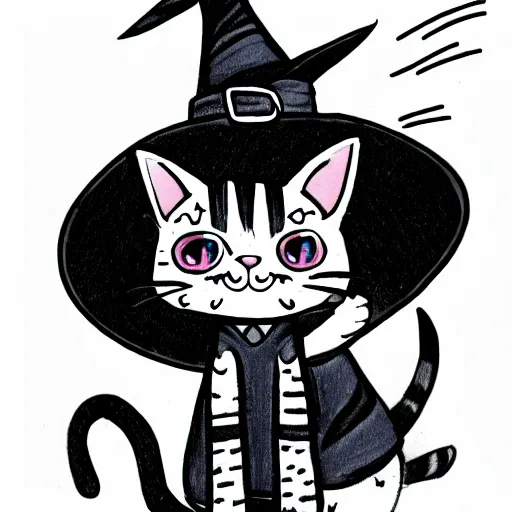 Image similar to drawing of a cat using witch hat. cartoon. cute. anime style.