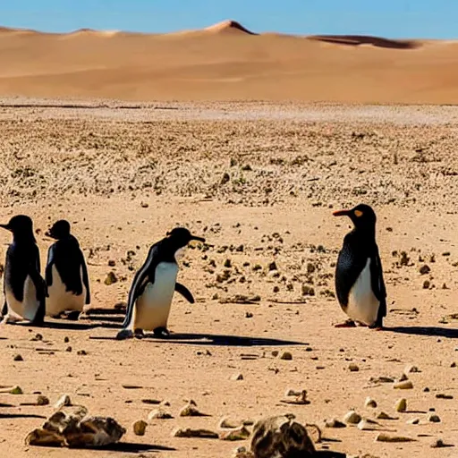 Prompt: super mad penguins with extreme anger in the sahara desert, escaping from the super hot sun