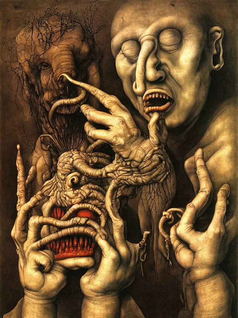 Prompt: a boy like eraserhead and elephant man with his hand, looking straight into camera, screaming in desperation, by giuseppe arcimboldo and ambrosius benson, renaissance, fruit, intricate and intense oil paint, a touch of beksinski and hr giger and edward munch, realistic, rules of composition, headspace