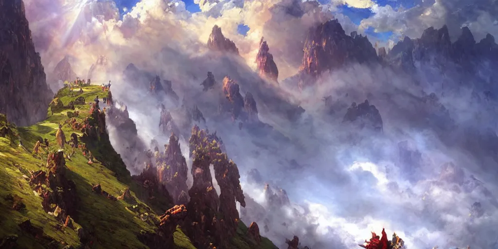 Prompt: heroic single giant mountain olympus holy stronghold piercing the sky sun shining brightly over beautiful clouds at the summit lush forests close up forest vista waterfalls villages castles, buildings artstation illustration sharp focus sunlit vista painted by ruan jia raymond swanland lawrence alma tadema zdzislaw beksinski norman rockwell tom lovell alex malveda greg staples