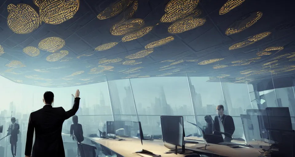 Prompt: Dramatic photo of a CEO waving to silhouettes of his coworkers in a futuristic office. Golden coins are levitating all around them. 8k, high detail, trending on Artstation, volumetric lighting, cyberpunk