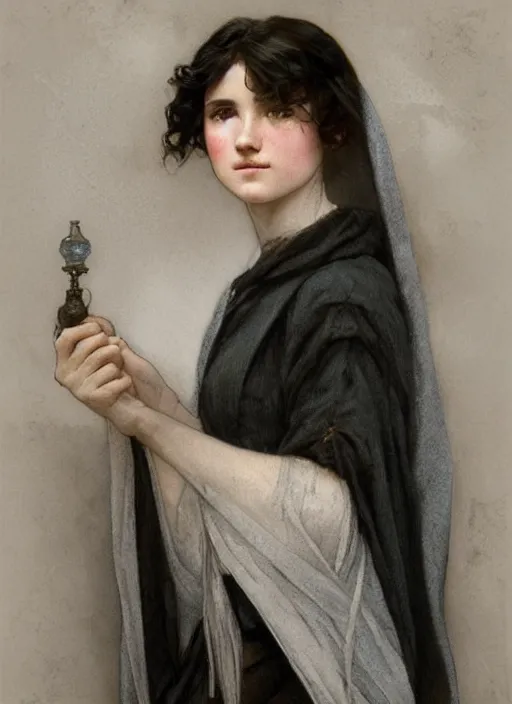 Prompt: a portrait of a 16 year old girl in 1800s style with pale skin and very short black hair wearing a cloak made of strips of grey fabric, By Artgerm and Greg Rutkowski and Alphonse Mucha