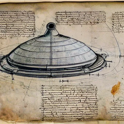 Prompt: vintage, detailed, colored sketch of ufo construction, all parts, with full descriptions, on old parchment, by leonardo da vinci!