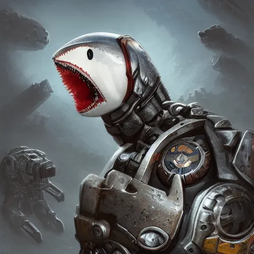 Image similar to anthropomorphic Robot Penguin in Gears of War cover art,Shark teeth, ultra wide lens shot , tiny, small, short, cute and adorable, pretty, beautiful, DnD character art portrait, matte fantasy painting, eerie, DeviantArt Artstation, by Jason Felix by Steve Argyle by Tyler Jacobson by Peter Mohrbacher, cinematic lighting