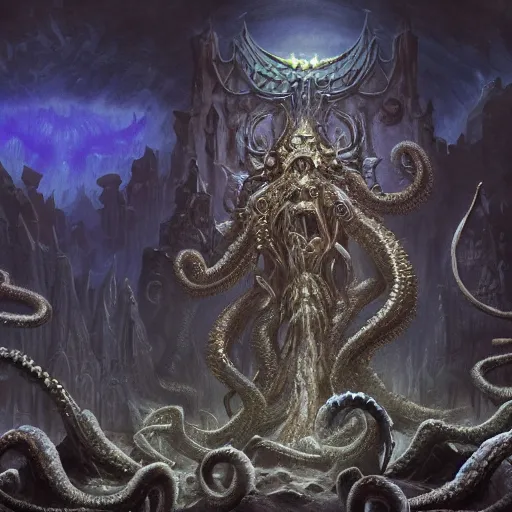 Prompt: King of the Fathomhold, lovecraftian, monster, D&D art, concept art, 8k, dark, gothic, crumbling