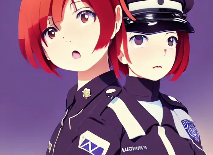 Image similar to anime film visual illustration police woman outside her patrol car, cute face by ilya kuvshinov, makoto shinkai, kyoani, masakazu katsura, dynamic pose, crisp and sharp, yoshinari yoh, rounded eyes, anime poster, ambient light, focused, flat, cel shaded