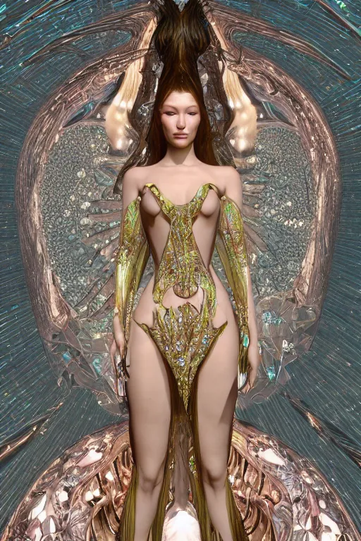 Prompt: a highly detailed photo of a beautiful alien goddess bella hadid in iris van herpen dress in diamonds in style of alphonse mucha art nuvo trending on artstation made in unreal engine 4