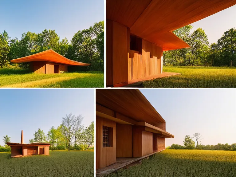 Image similar to hyperrealism design by frank lloyd wright and kenzo tange photography of beautiful detailed small house with many details around the forest in small ukrainian village depicted by taras shevchenko and wes anderson and caravaggio, wheat field behind the house, volumetric natural light