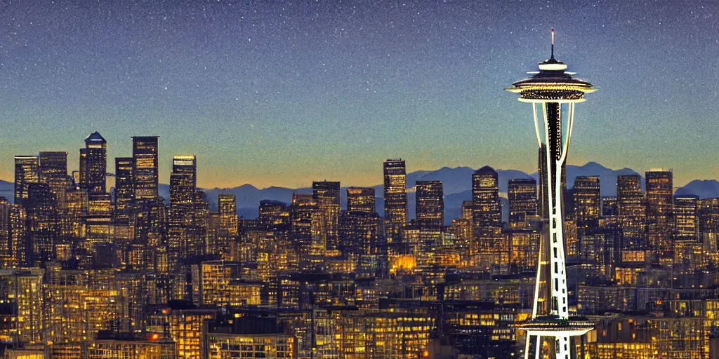 Image similar to downtown Seattle at night, including The Space Needle, 4k, by VanGogh