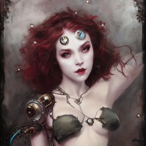 Prompt: Portrait of gothic smiling pale girl with piercing from steampunk in bikini, elegant, vibrant, dark fantasy, intricate, smooth, artstation, painted by edgar maxence, greg rutowski, ross tran, artgerm