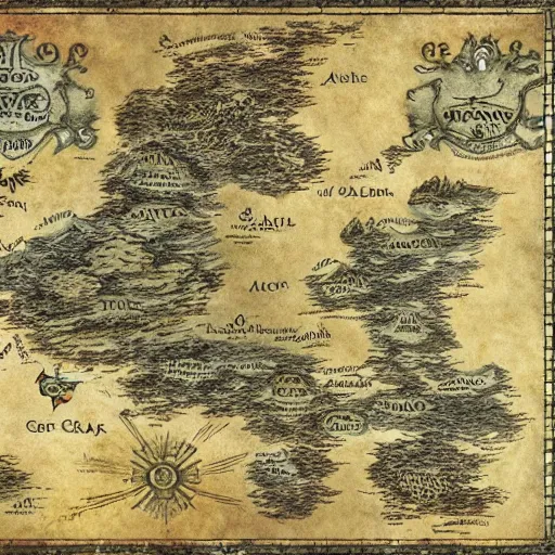 Prompt: fantasy world map, tolkien, george rr martin, old map