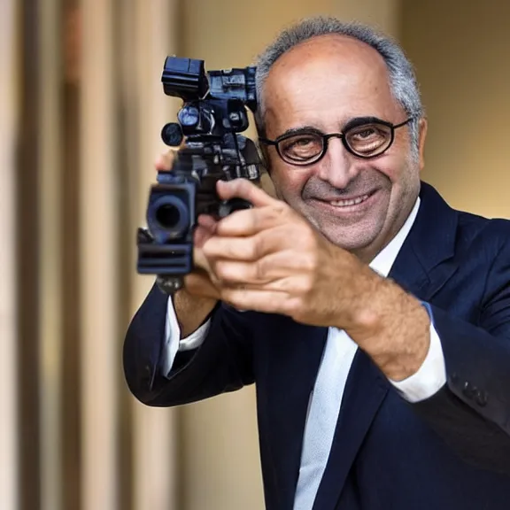 Image similar to antonio costa, smiling, pointing a gun at the camera, pulitzer prize winning photograph