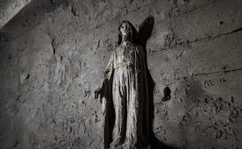 Image similar to decrepit creepy statue of the archangel gabriel staring at the camera, in the middle of a cavernous dark old catacomb, realistic, pitch black, depth of field, wide shot, sinister, bad lighting, foreboding, blurry, grainy photo