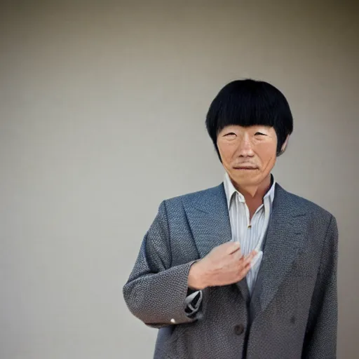 Image similar to A Japanese man using a black power, photo made by Slim Aarons, award winning, EOS-1D, f/1.4, ISO 200, 1/160s, 8K, RAW, unedited, symmetrical balance, in-frame