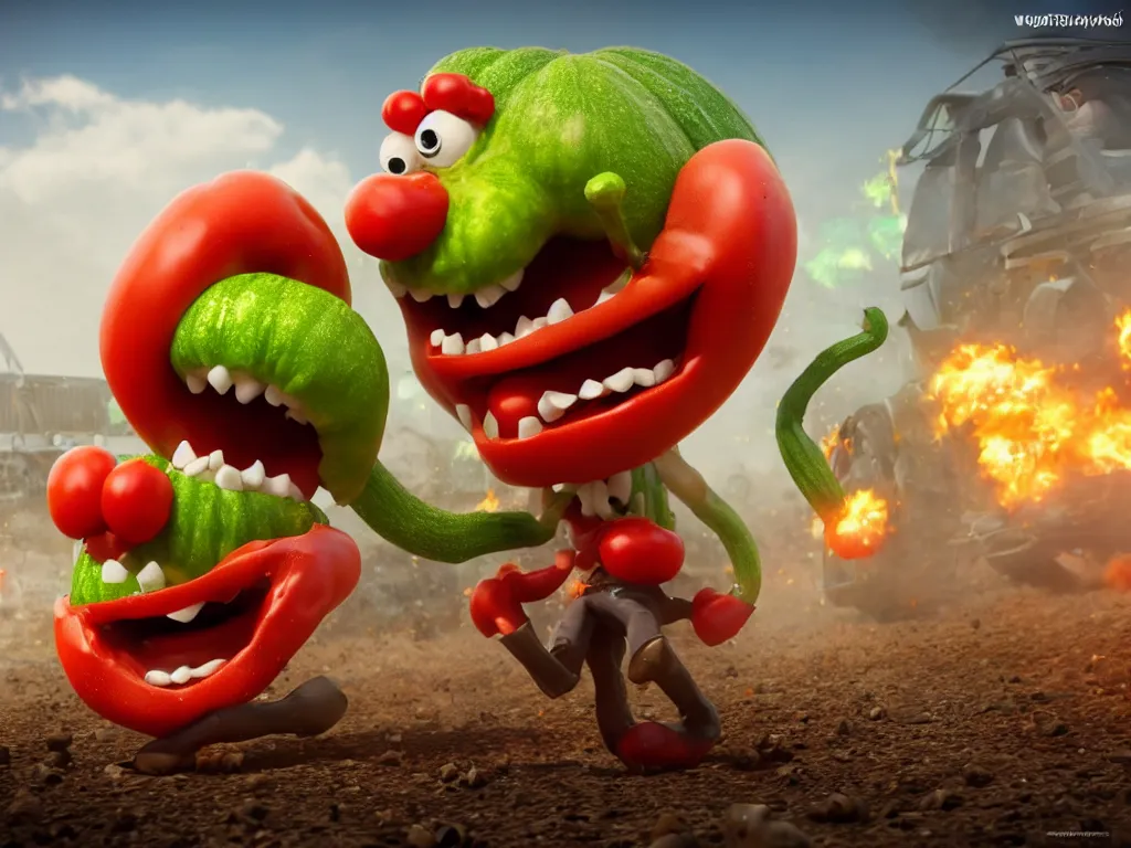 Image similar to highly detailed 3 d render of a raging mad angry zucchini character, guns blazing, dirt road showdown, wimpy tomates scattered everywhere, high speed action, explosions, dramatic scene, hyper realistic octane render, cinematic lighting, tomato splatter, deviantart, black sky, lowbrow, surrealism, pixar still, mayhem