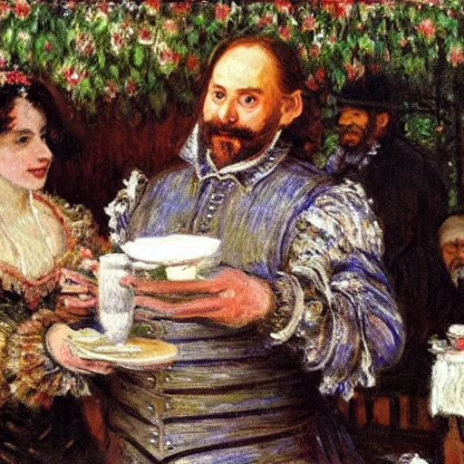 Image similar to Shakespeare serving drinks at the RSC, painting by monet