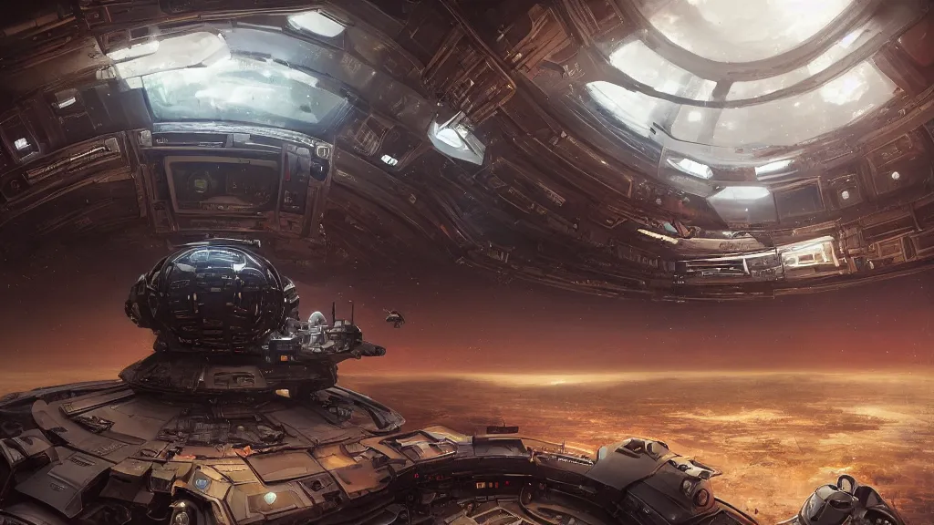 Prompt: a Photorealistic dramatic hyperrealistic,hyper detailed Sci-Fi interior render by Greg Rutkowski,Craig Mullins,Nicolas Bouvier SPARTH,Juan Gimenez,Enki Bilal,ILM,View of an interstellar starship cockpit,pilots in spacesuits,looking out panoramic windscreen showing Red Martian planet orbit,Glowing monitors and viewing screens showing data graphics,vibrant nature,anime style,Beautiful dynamic dramatic dark moody lighting,contrast and shadows,Volumetric,Cinematic Atmosphere,Octane Render,Artstation,8k