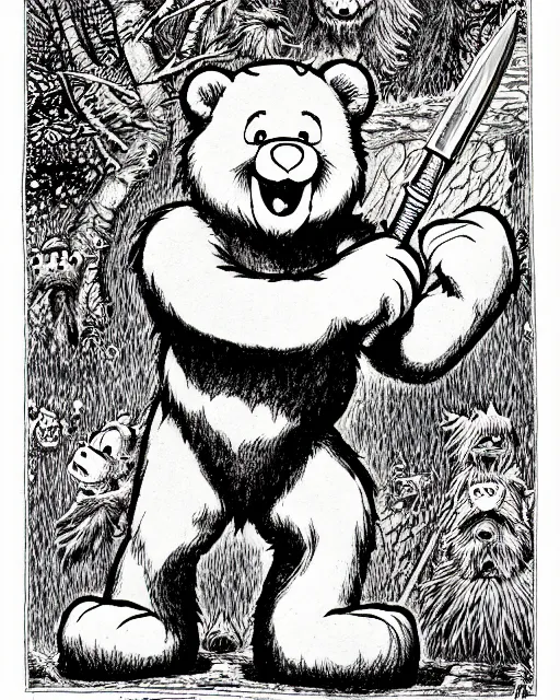 Image similar to a care bear as a d & d monster, on square background, pen - and - ink illustration, etching, by russ nicholson, david a trampier, larry elmore, 1 9 8 1, hq scan, intricate details, high contrast