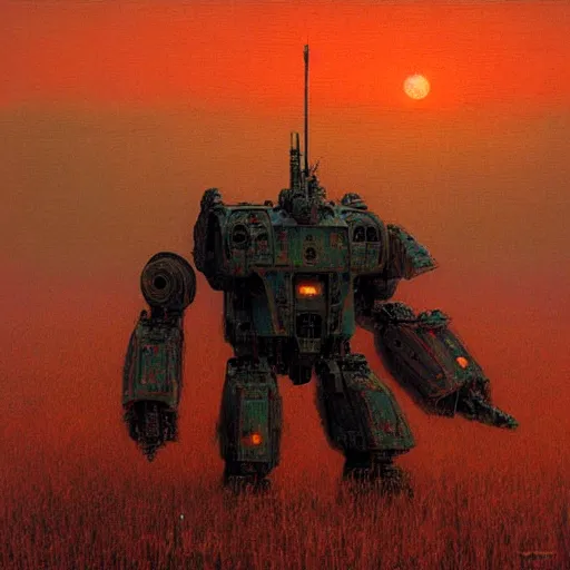 Image similar to a battlemech!! standing in a field at sunset by Beksinski