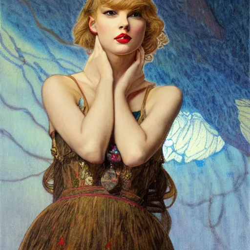 Prompt: romantic painted portrait of taylor swift by james jean, mucha, andrew loomis, masterpiece