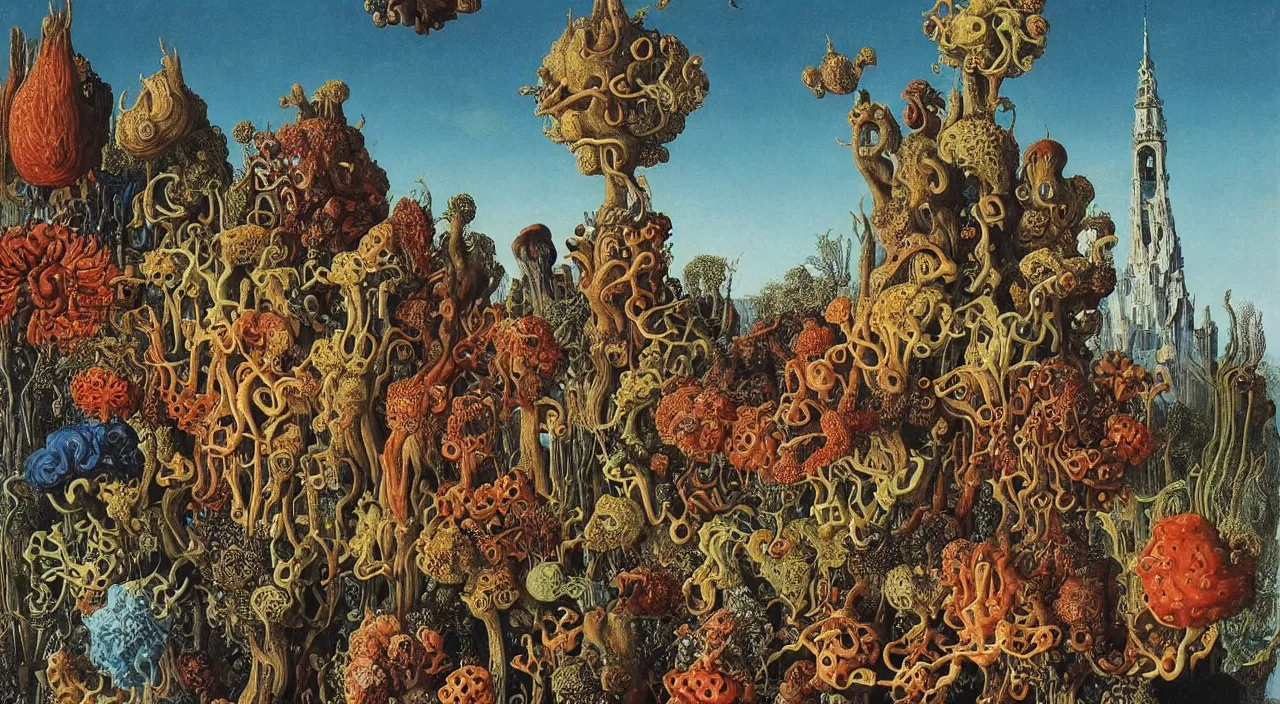 Image similar to a single colorful! ( lovecraftian ) fungus tower white! clear empty sky, a high contrast!! ultradetailed photorealistic painting by jan van eyck, audubon, rene magritte, agnes pelton, max ernst, walton ford, andreas achenbach, ernst haeckel, hard lighting, masterpiece