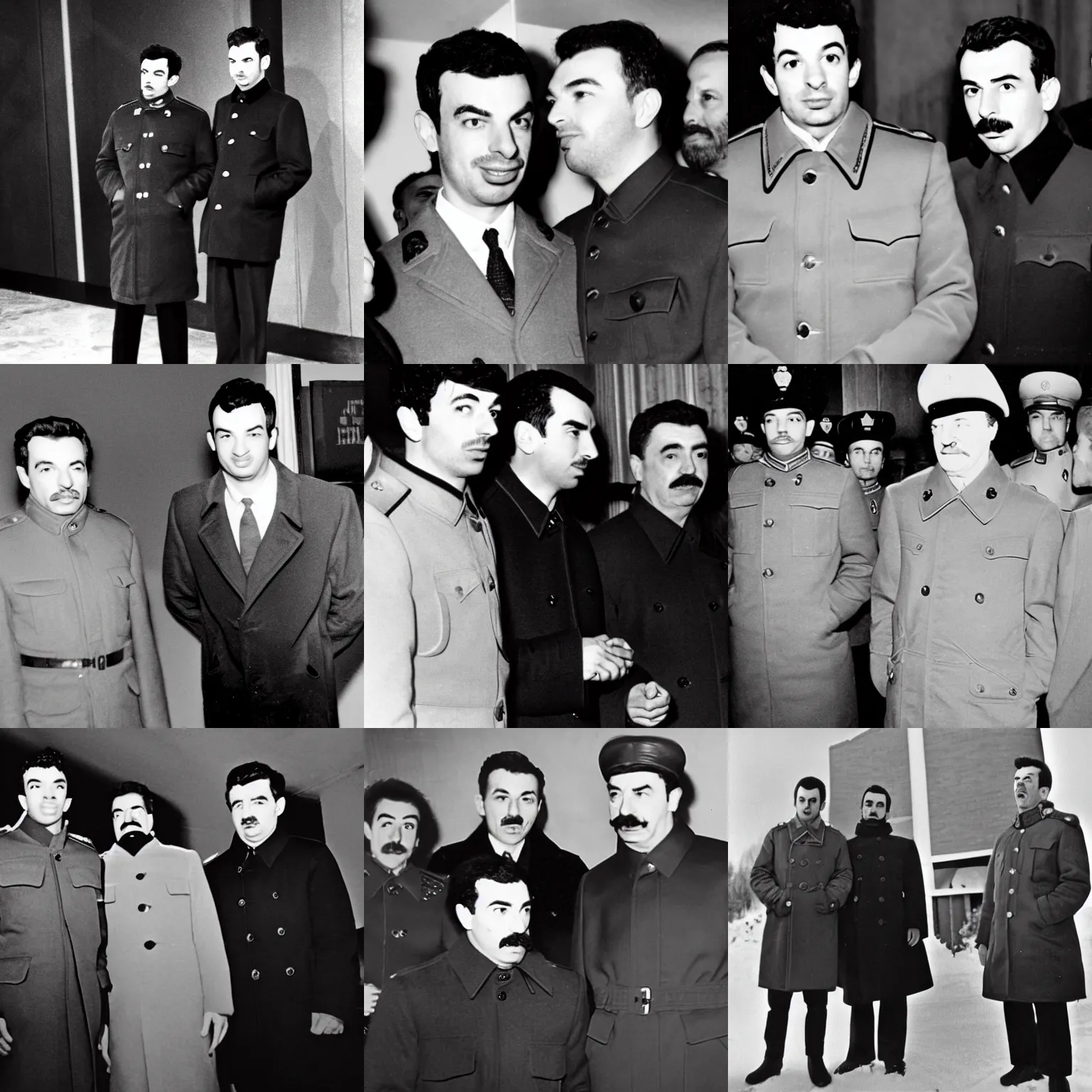 Prompt: Nathan For You, Nathan Fielder, Standing next to Joseph Stalin, Winter coats, black and white photo