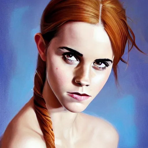 Image similar to Africa, beautiful portrait of Very funny actress Emma Watson like a ginger big red monkey, face like monkey with banana, Emma Watson actress blended monkey face paint, like , powerful , magic, thunders, dramatic lighting, intricate, wild, highly detailed, digital painting, artstation, concept art, smooth, sharp focus, illustration, art by artgerm and greg rutkowski and alphonse mucha, footage