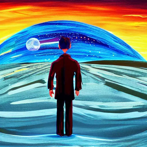 Image similar to a lonely man standing on a deserted planet, glow, acrylic art, painting, canvas, gloomy, digital art,