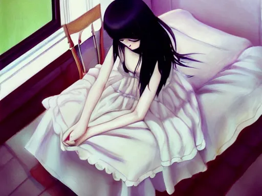 Prompt: weary little girl with an long black hair dressed in a simple white dress sitting in bed, anime art style, digital art ilya kuvshinov, inspired by balthus, hd, 4 k, hyper detailed, dark, anatomically correct, angelic face