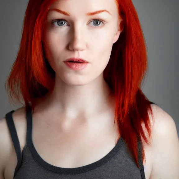 Image similar to portrait of a plain looking young white female model red hair and uneven skintone and a round shaped face