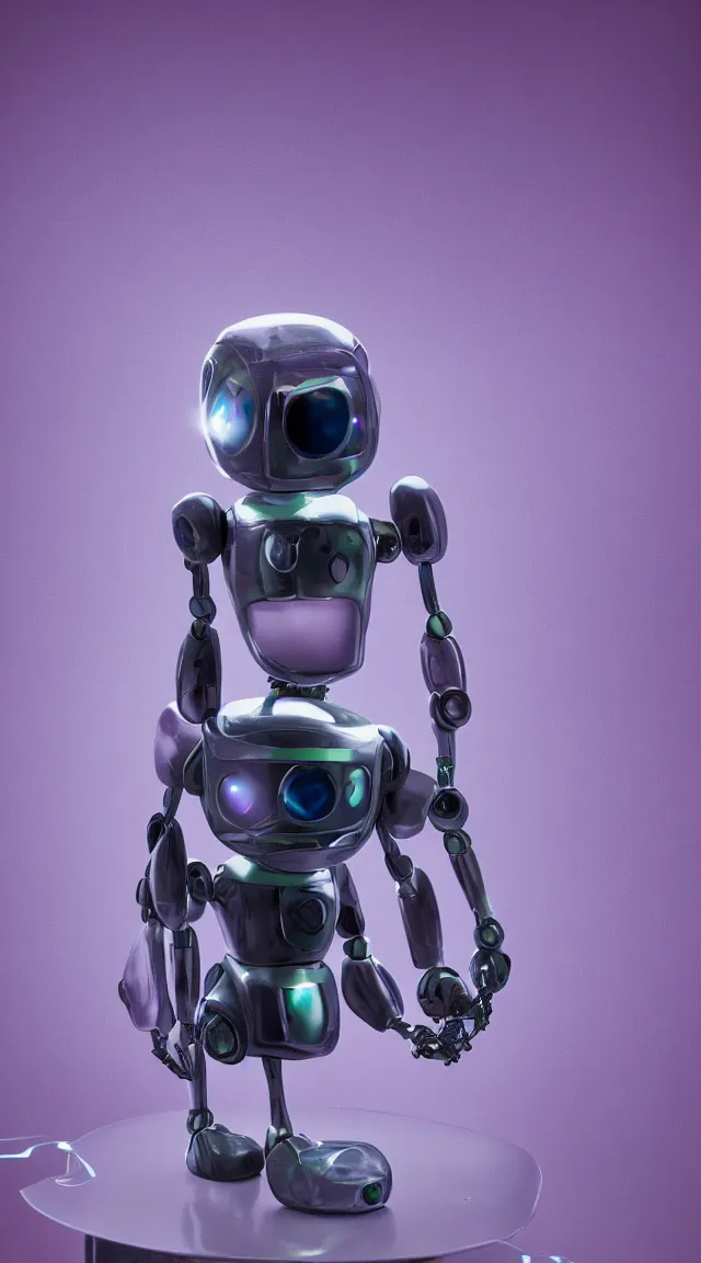 Image similar to portrait of a tiny robot on a desk, professional photo, hdr, bokeh, sci fi, purple