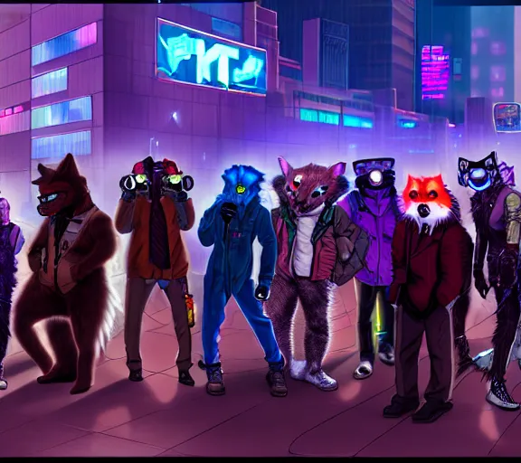 Image similar to high - resolution photograph from a cyberpunk era furry fandom convention ( midwest furfest 2 0 4 7 ), taking place after the genetic revolution and singularity. photorealistic.