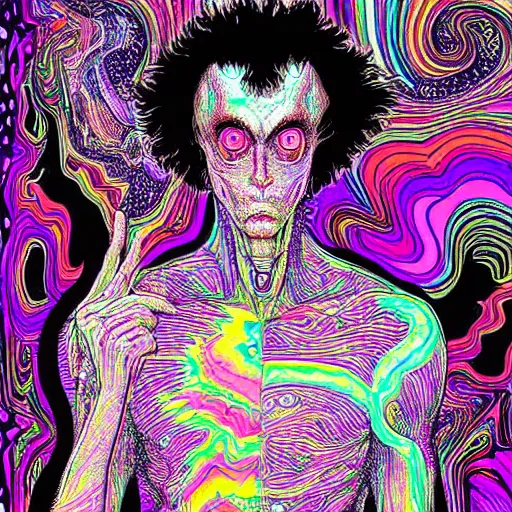 Image similar to a psychedelic godlike humanoid, hyper detailed, in the style of rutkowski and junji ito and bob ross and lisa frank, selfie