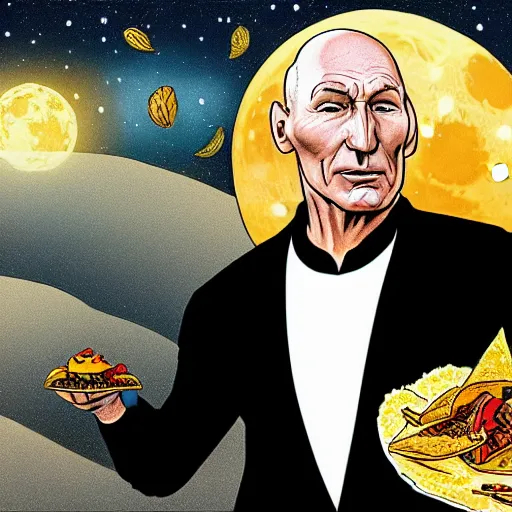 Prompt: picard on the moon eating tacos in a bathroom, ultra realistic, digital art, rich deep colors, smooth shadows, high resolution, cinematic