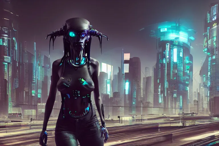 Image similar to cyberpunk alien concept inspired street, futuristic look, highly detailed body, very powerful, photorealistic camera shot, bright studio setting, studio lighting, crisp quality and light reflections, unreal engine 5 quality render