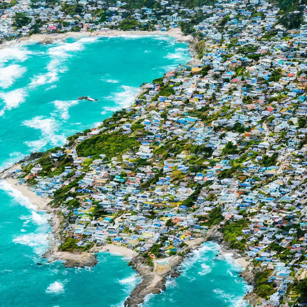 Image similar to down angled view of an anime town, ocean, town, beach, hills