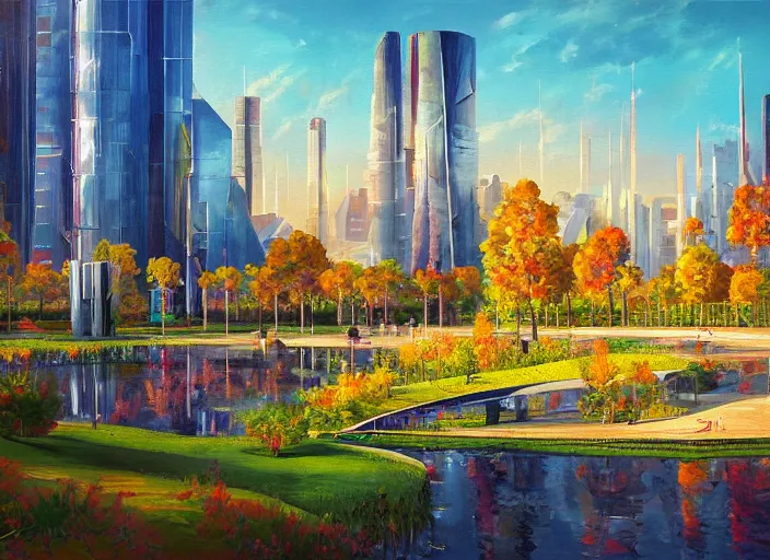 Prompt: bright beautiful oil painting of a futuristic city park by Viktor Tsvetkov