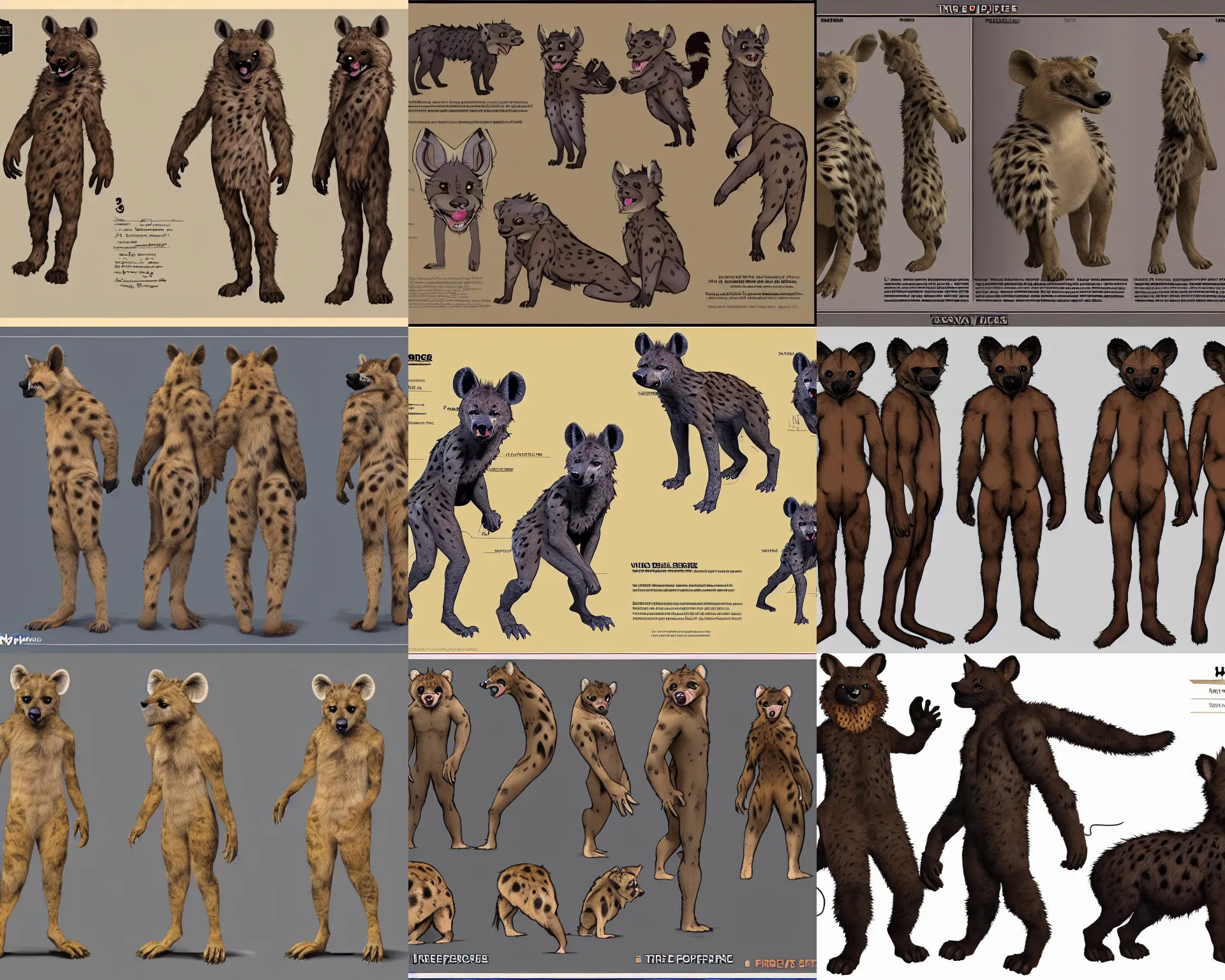 Prompt: three - perspective furry reference sheet ( front / back / side ), hyena fursona, insane ultrahigh - resolution ( uhd ), trending on weasyl