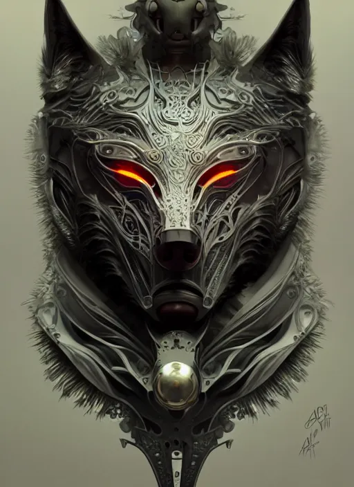 Image similar to organic cyborg, wolf mask, diffuse lighting, fantasy, intricate, elegant, highly detailed, lifelike, photorealistic, digital painting, artstation, illustration, concept art, smooth, sharp focus, art by John Collier and Albert Aublet and Krenz Cushart and Artem Demura and Alphonse Mucha