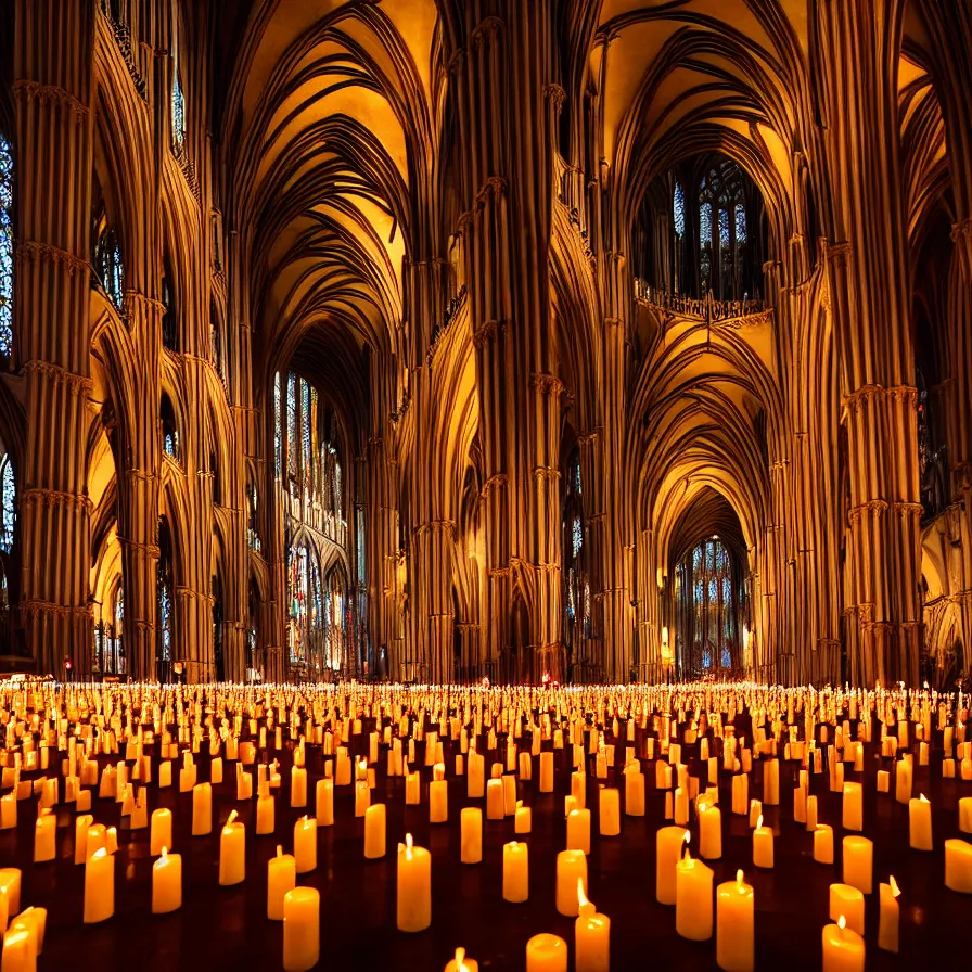 Prompt: symmetry!!! thousands of candles in a gothic cathedral, night, symmetry!!, candles radiate a warm glow, warm light on walls, ultra wide angle, large format, camera position close to floor, big candles in foreground, amazing professional picture, 4 x 5, light bloom, 8 k