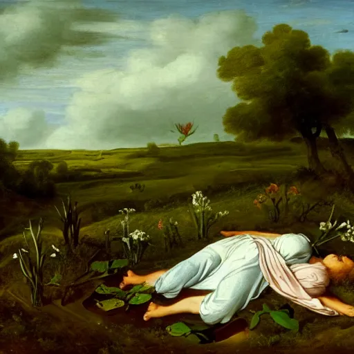 Prompt: Flowers sprouting from a corpse lying in the middle of a meadow. In the style of Jacob van Ruisdael.