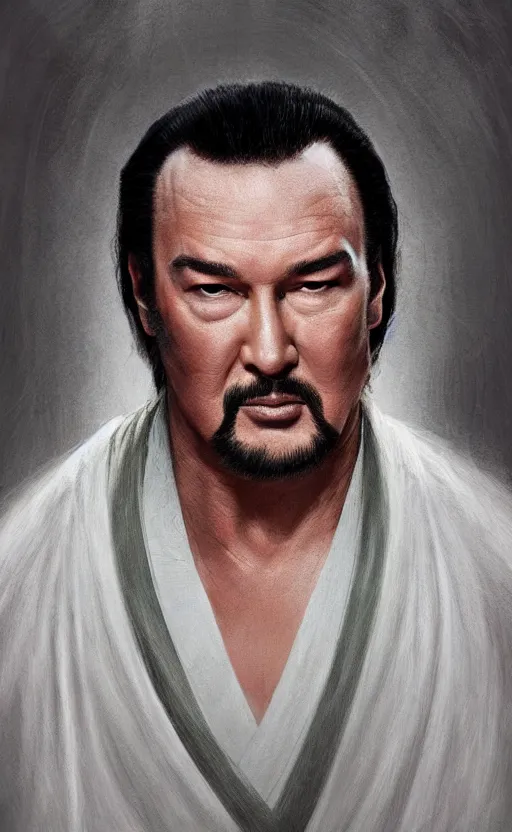 Image similar to steven seagal with wild hair and bright eyes. he's wearing a flowing kimono made of light, airy fabric and he has a mischievous look on his face, dynamic lighting, photorealistic fantasy concept art, trending on art station, stunning visuals, creative, cinematic, ultra detailed
