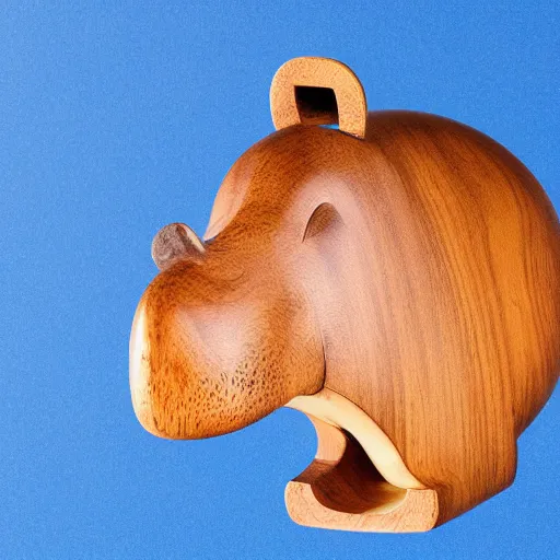 Image similar to a zoomed out studio product shot of a rounded carved smooth cherry wood and resin hippopotamus in profile, like a catalog photograph, where distinct sections of the carving are blue resin, but is mostly wood, with a smooth featureless minimalist short wooden nose with no nostrils, and a round minimalist behind