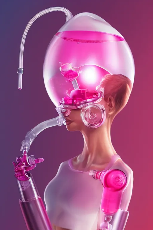 Prompt: Pink Vapor Inhalation Machine Connected to a Spherical Bottle of Pink Liquid by a Tube, Pink Vapor Leaking from an Oxygen Mask, beautiful woman, fantasy, magic, ultra detailed, digital art, trending on artstation, illustration, medical laboratory