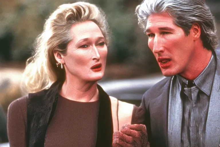 Prompt: richard gere and meryl streep play two vampires, scene from film