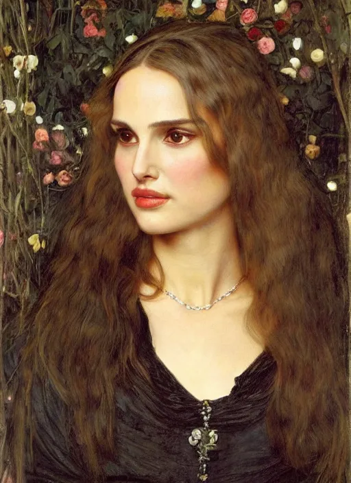 Image similar to a beautiful painting of natalie portman by John Everett Millais and Dante Gabriel Rossetti and John Collier and john william waterhouse, pre-raphaelite, detailed, trending on artstation, hd, masterpiece