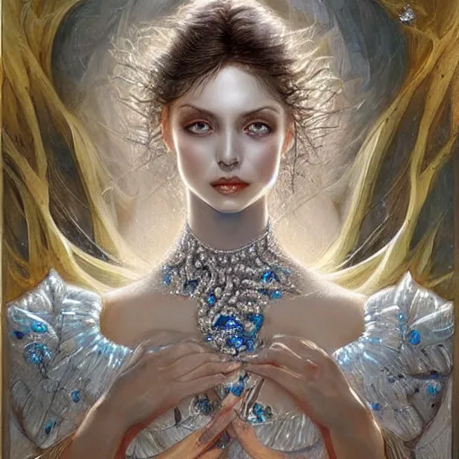 Image similar to a beautiful woman wearing a white dress made of silver with jewelry and diamonds by karol bak, ayami kojima, arabian blue eyes, concept art, fantasy