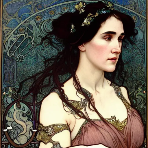 Prompt: realistic detailed face portrait of Jennifer Connelly as a beautiful young medieval queen by Alphonse Mucha, Ayami Kojima, Amano, Charlie Bowater, Karol Bak, Greg Hildebrandt, Jean Delville, and Mark Brooks, Art Nouveau, Gothic Revival, Pre-Raphaelite, Neo-Gothic, gothic, rich deep moody colors, Art Nouveau