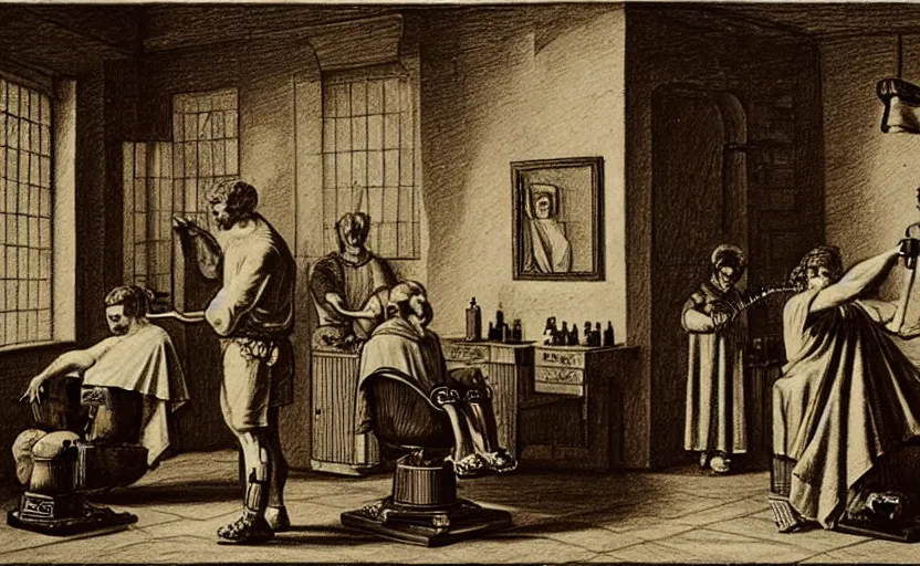 Prompt: a drawing of a man getting a haircut by friedrich schroder - sonnenstern h 8 0 0