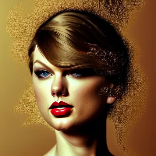 Prompt: face portrait of an absurdly graceful, elegant, sophisticated taylor swift covered in black feathers in the style of casey baugh, vladimir kush, yasunari ikenaga, yasar vurdem, william oxer, intricate, beautiful, artstation 8 k, high resolutionsparkling atom fractals of jewls cords